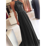 Dramatic Grey Halter Chiffon Long Prom Dresses with Beading Senior Homecoming Formal Dress for Girls