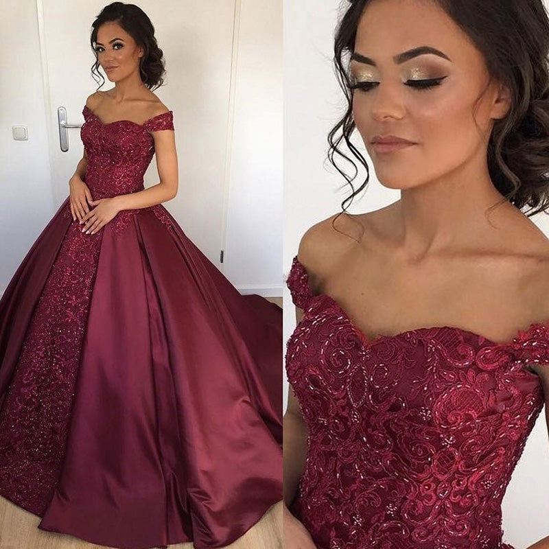 Princess Off Shoulder Ball Gown Burgundy Wedding Dresses with Lace and Beading WD2014