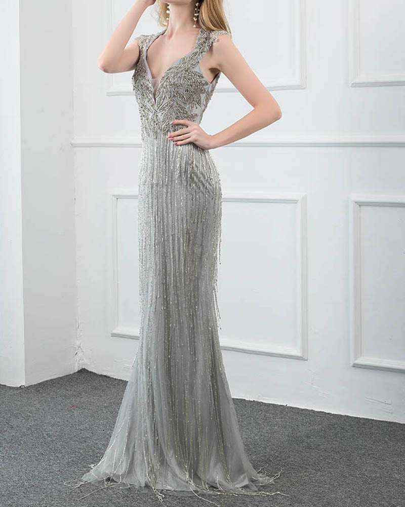 Cap Sleeves Silver Sexy Fitted Long Women Formal Evening Gown for Ball Vestido De Gala