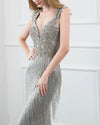 Cap Sleeves Silver Sexy Fitted Long Women Formal Evening Gown for Ball Vestido De Gala
