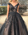 Fancy Dreamy Deep V Neck Black  Lace Embroidered Prom Dresses Girls Graduation Gown