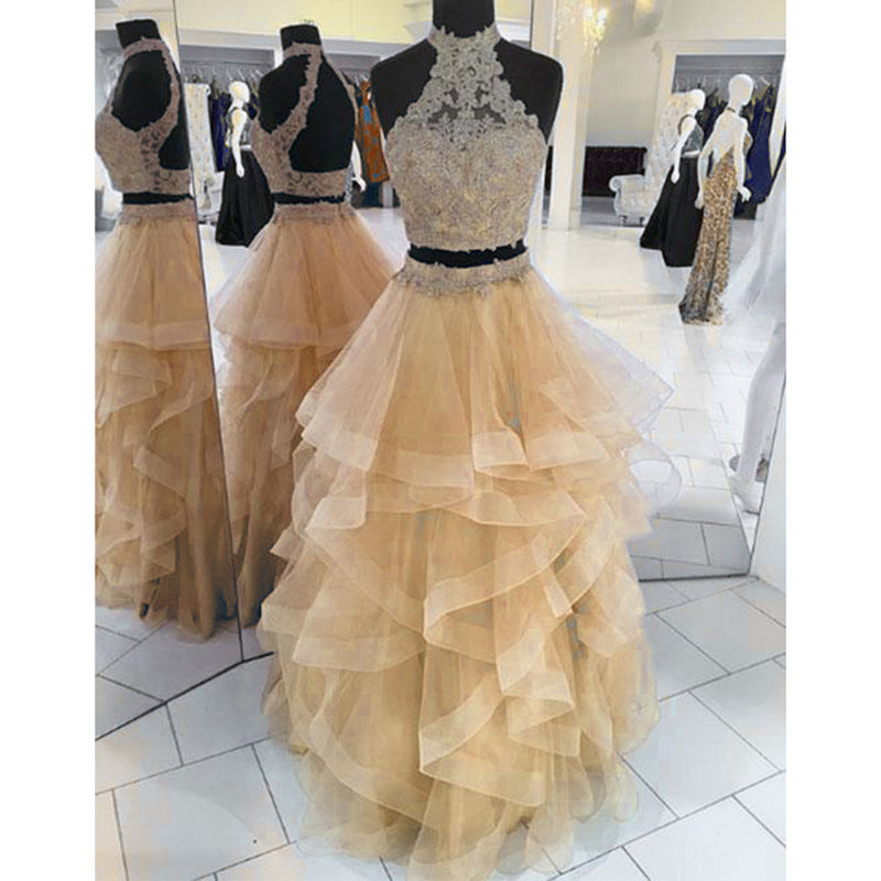 Halter Blue Crop Top Senior Prom dresses Long Tiered Two Pieces Girls Siaoryne Halter Blue Crop Top Senior Prom dresses Long Tiered Two Pieces Girls Siaoryne