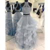 Halter Blue Crop Top Senior Prom dresses Long Tiered Two Pieces Girls Formal Graduation outfit 2020