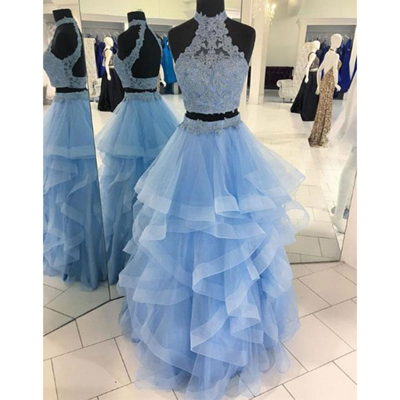 Halter Blue Crop Top Senior Prom dresses Long Tiered Two Pieces Girls   Siaoryne