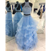 Halter Blue Crop Top Senior Prom dresses Long Tiered Two Pieces Girls Formal Graduation outfit 2020
