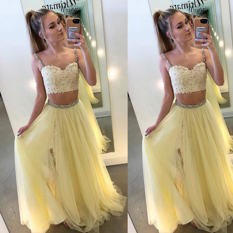 Yellow Spaghetti Straps Two Pieces Prom Dresses Long Full Beading LP0565