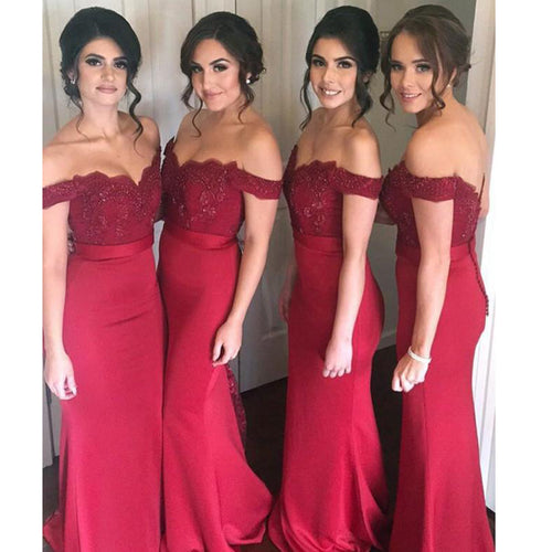 Burgundy Off the Shoulder Women Bridesmaid  Dress Long Off the Shoulder Lace Mermaid Party Gown