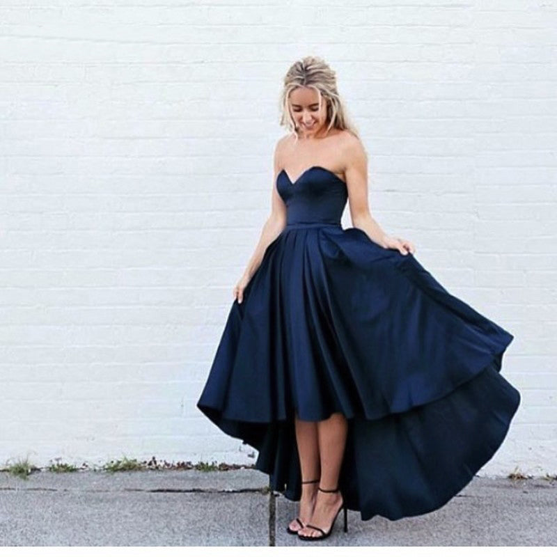 Sweetheart Navy Blue Front Short Long Back Satin Prom Dresses formal Gown party Dress