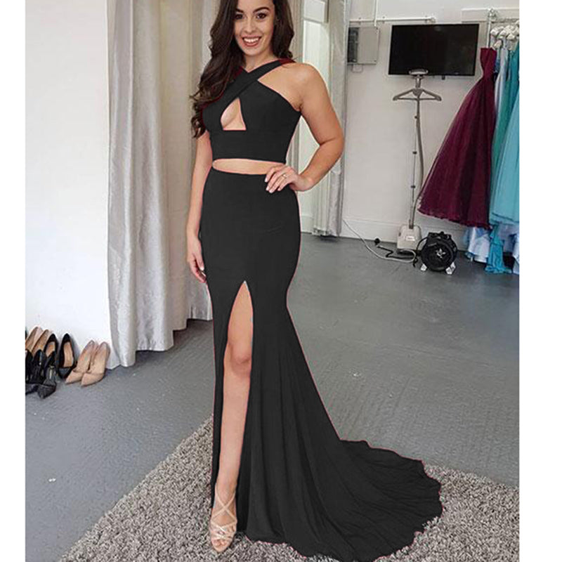 LP289 Halter sexy 2 Pieces Dark Green Prom Dress with Slit Women Long Siaoryne LP289 Halter sexy 2 Pieces Dark Green Prom Dress with Slit Women Long Siaoryne