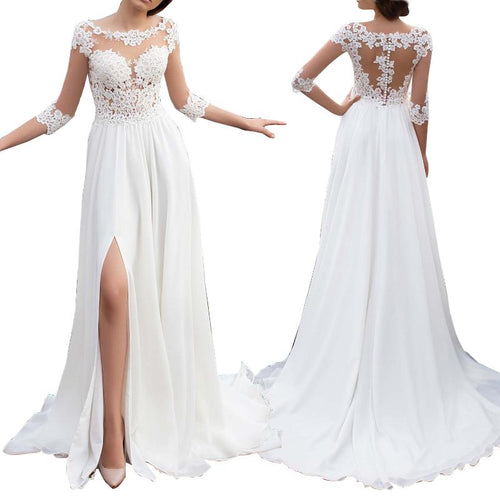 2021 3/4 Sleeves Beach Wedding Dress  Summer Boho Lace Bridal Gown Sexy Slit Leg