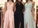 Chic Halter Lace Appliques Long Prom Dress with Slits Formal Party Evening Dresses Special Occasion Gown