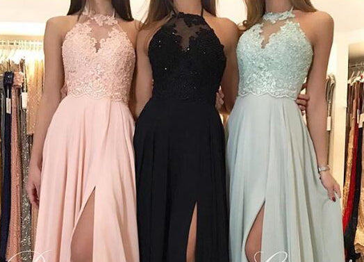 Chic Halter Lace Appliques Long Prom Dress with Slits Formal Party Evening Dresses Special Occasion Gown