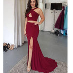 Wine Red Sexy Crop Top Long Slit Gowns Two Pieces Girls 2018 Graduation Long Prom Dress LP0592