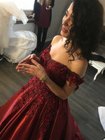 Burgundy Gorgeous Flower Lace Ball Gown Women Formal Prom Evening Dress /Wedding Party Dress