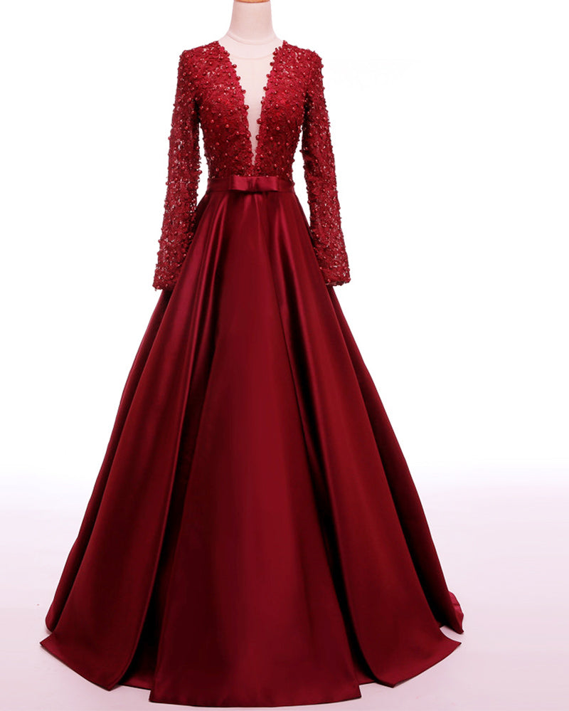 A Line Long Sleeves Robe De Soiree  Backless Burgundy Satin Long Evening Dress
