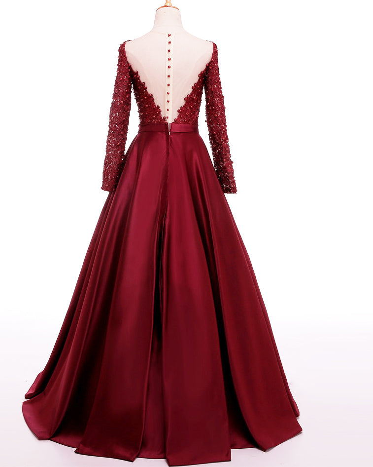 A Line Long Sleeves Robe De Soiree  Backless Burgundy Satin Long Evening Dress