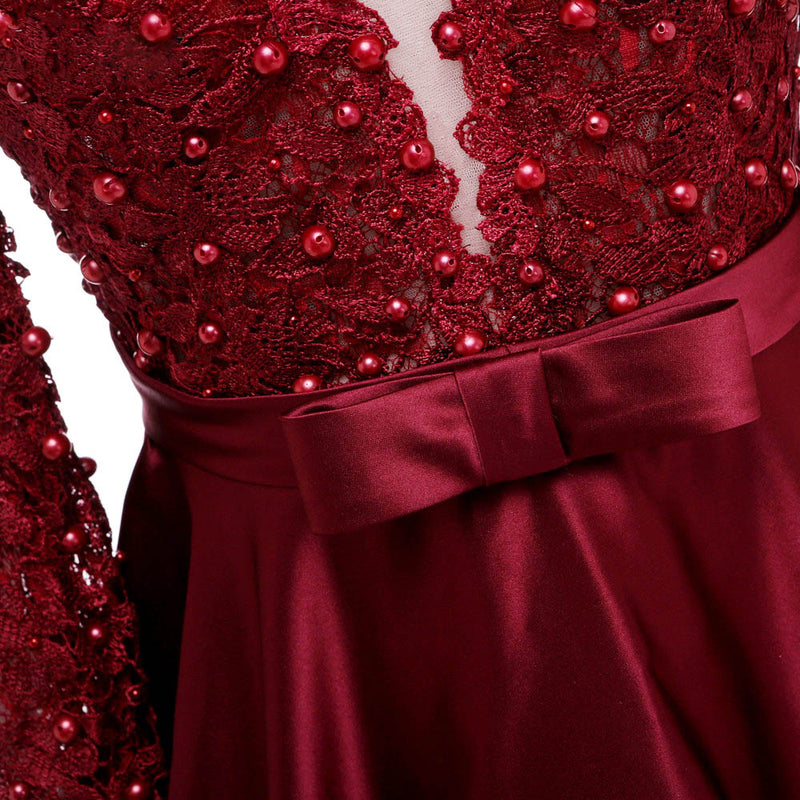 A Line Long Sleeves Robe De Soiree  Backless Burgundy Satin Long Evening Dress