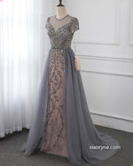 PL4441 Stunning Gray Beaded Stones Cap Sleeve Long Prom Evening Gown  Formal outfit
