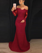 Elegant Fitted Long Sleeves Evening Gown lace Appliqued Navy Prom Dresses