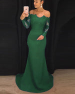 Elegant Fitted Long Sleeves Evening Gown lace Appliqued Navy Prom Dresses