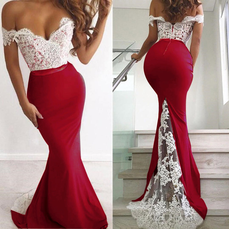 Elegant Pink and White Lace Mermaid Evening Gowns Long Off the Shoulder Women Party Dresses PL574
