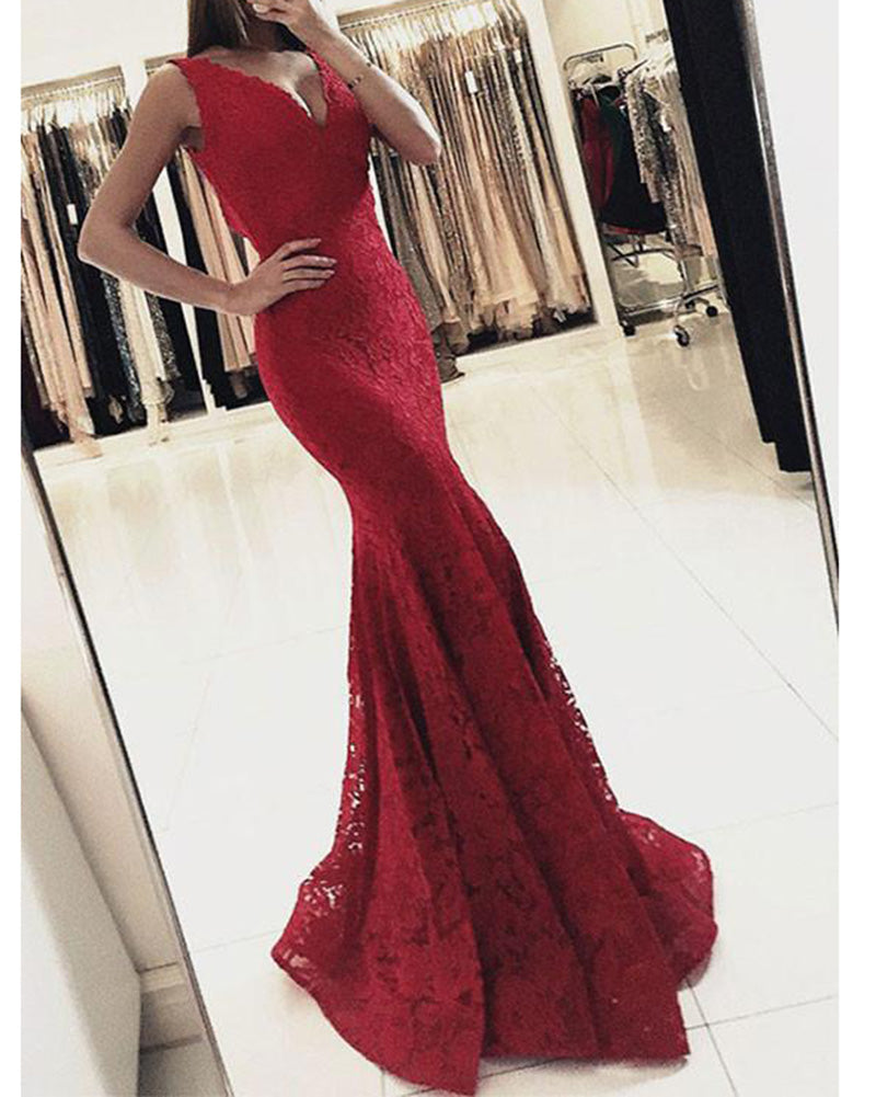 Red/navy Mermaid V Neck Lace Prom Dresses ,Long Formal Gowns PL213