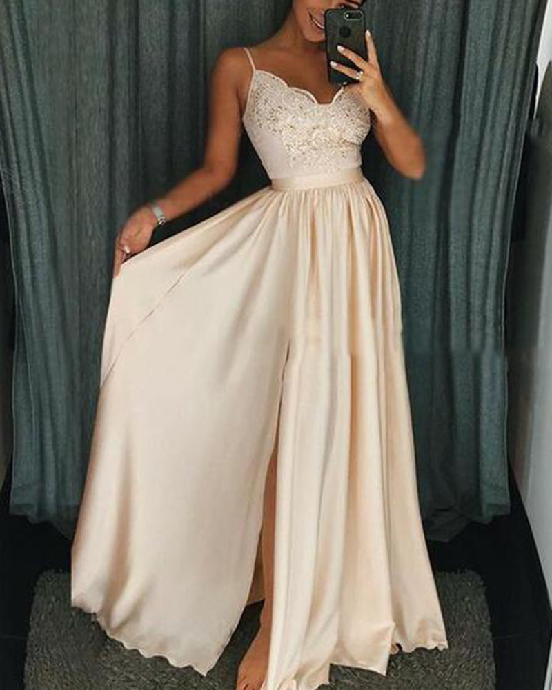 Beige long Slit Girls Prom Dresses with Lace Appliques with Straps PL118