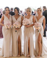 Chiffon V Neck Beige Bridesmaid Dresses Long with Slit fitted wedding parry gown PL621