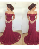 Off Shoulder Mermaid Women Burgundy Long Evening Dress with Lace Appliqued PL128