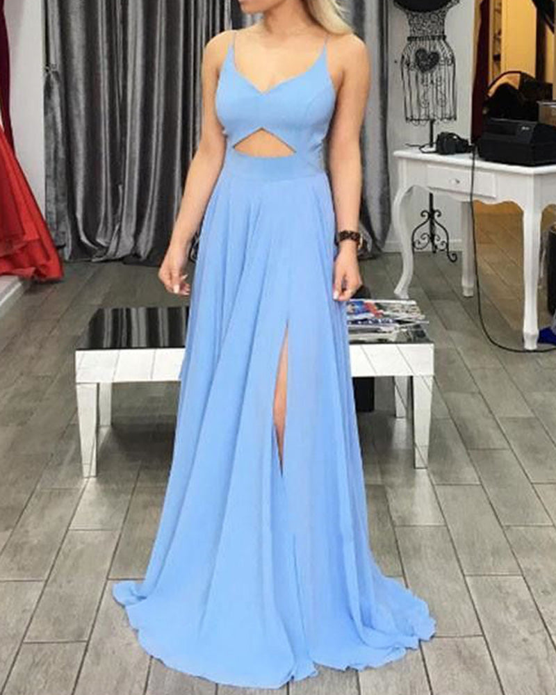 Siaoryne Light Blue Long Chiffon Prom Party Dresses with Slit PL233