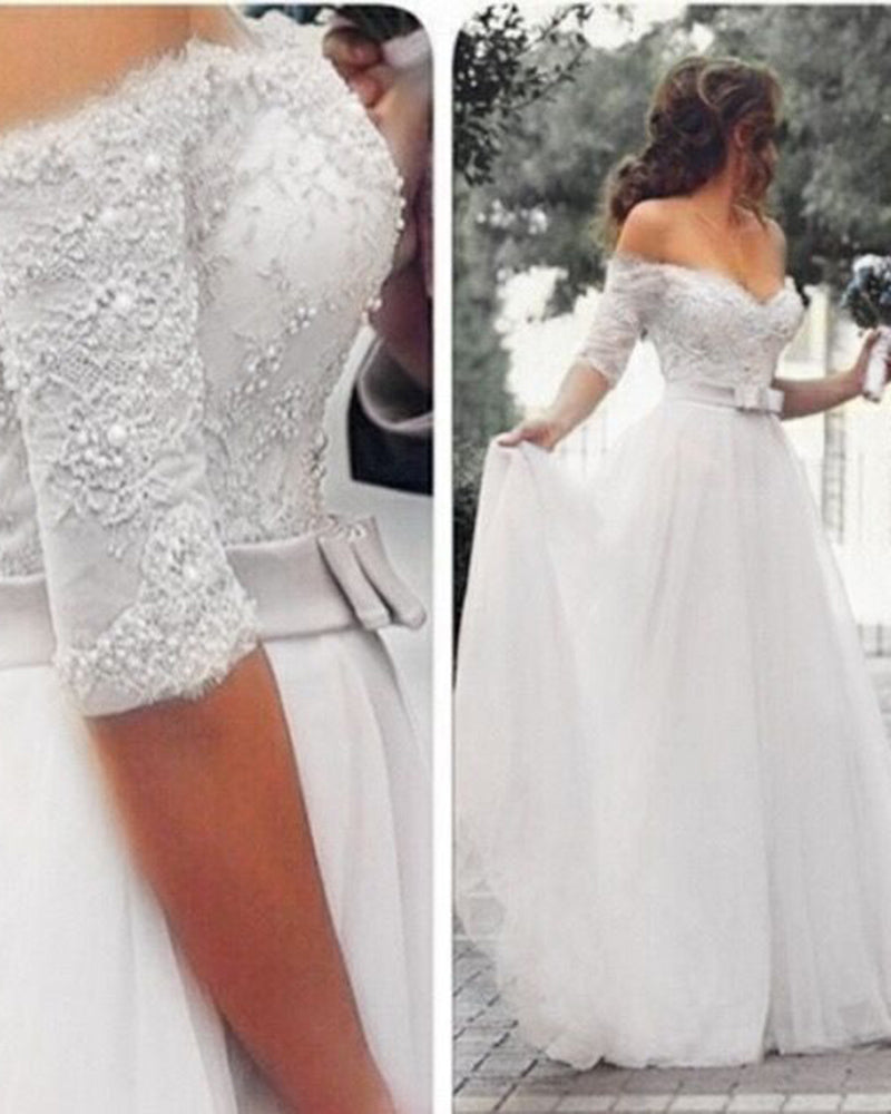 A Line Half Sleeves lace and Tulle off the Shoulder Wedding Dresses White Long Bridal Gown