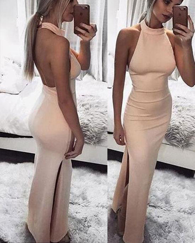 Satin Mermaid Halter Blush Pink Long Evening Gown PL116