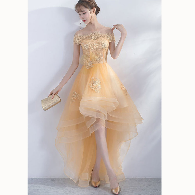 Dreamy Yellow Lace short Sleeves High Low Prom Dresses Girls Graduation Gown with
