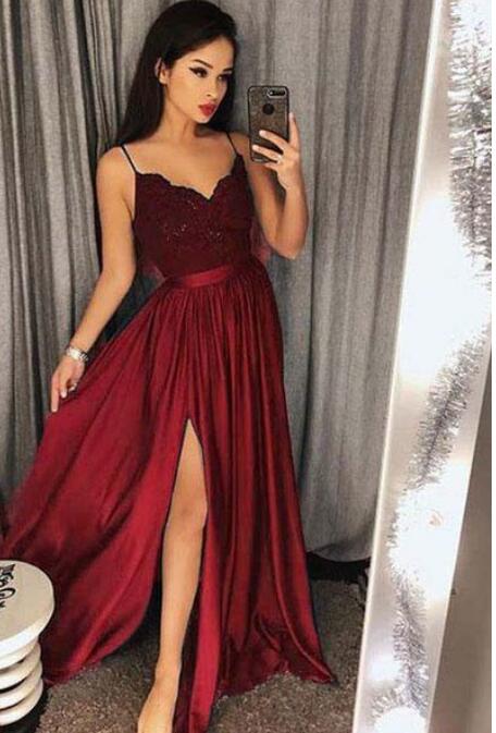 Beige long Slit Girls Prom Dresses with Lace Appliques with Straps PL118