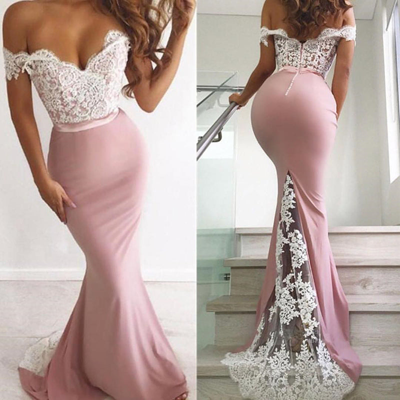 Elegant Pink and White Lace Mermaid Evening Gowns Long Off the Shoulder Women Party Dresses PL574