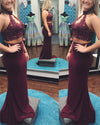 Fancy Halter 2 Pieces Girls Senior Fitted Burgundy Red Long Prom Gown PL113