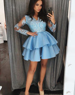 Satin V Neck Long Sleeves Blue Short Prom Dress Girls Short Homecoming Gown SP0816