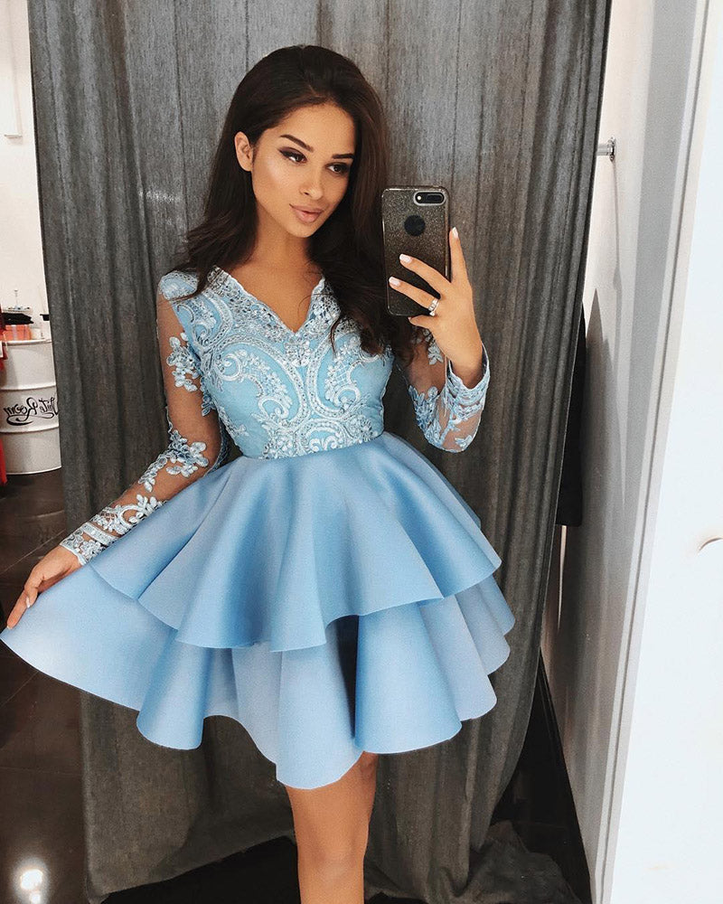 Satin V Neck Long Sleeves Blue Short Prom Dress Girls Short Homecoming Gown SP0816