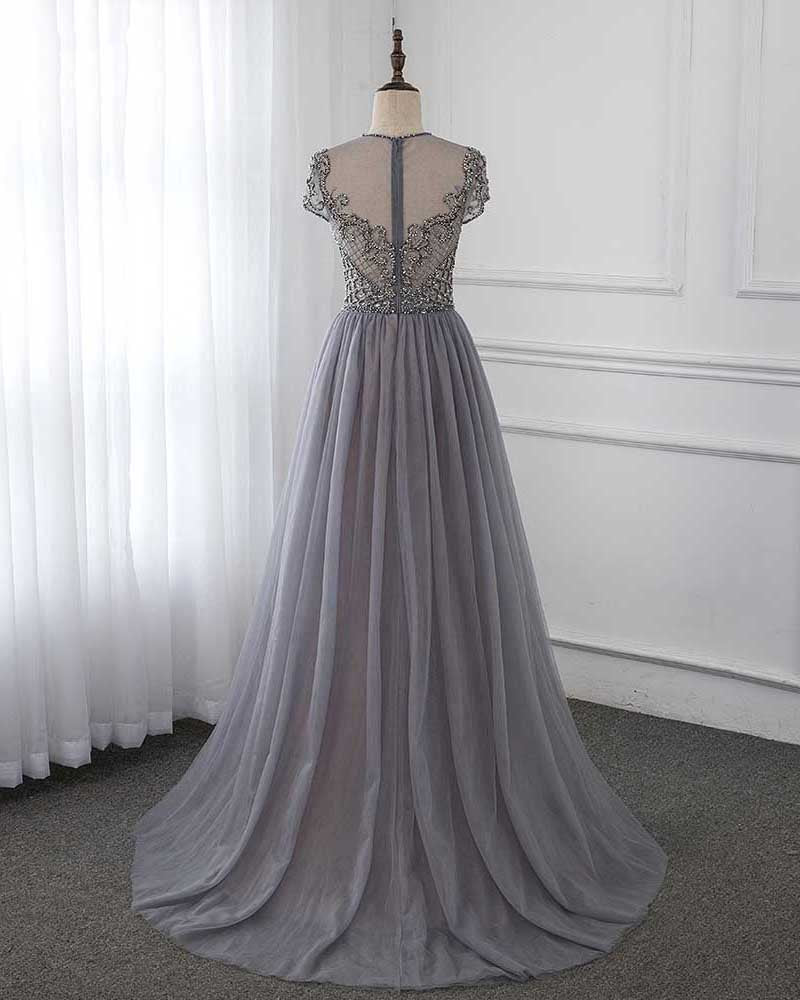 PL4441 Stunning Gray Beaded Stones Cap Sleeve Long Prom Evening Gown  Formal outfit
