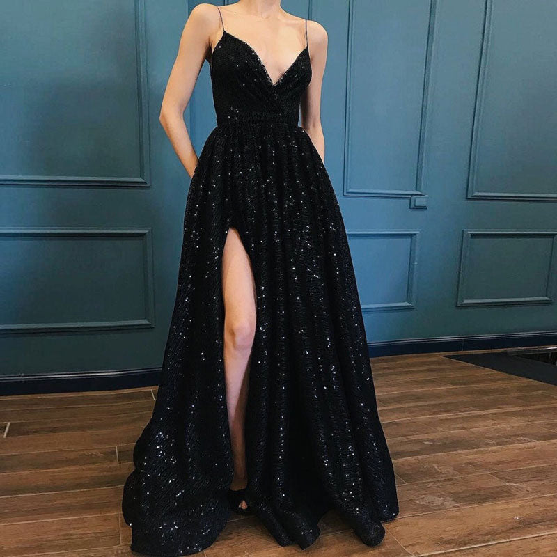 Amazing Glitter Sexy Black Prom Dress sequins Long Formal Gown with Spaghetti Straps PL10925
