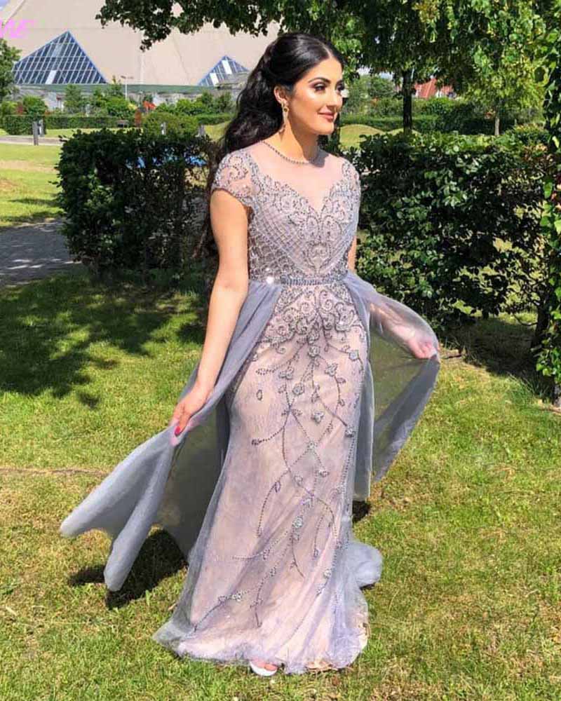 PL4441 Stunning Gray Beaded Stones Cap Sleeve Long Prom Evening Gown  Formal outfit