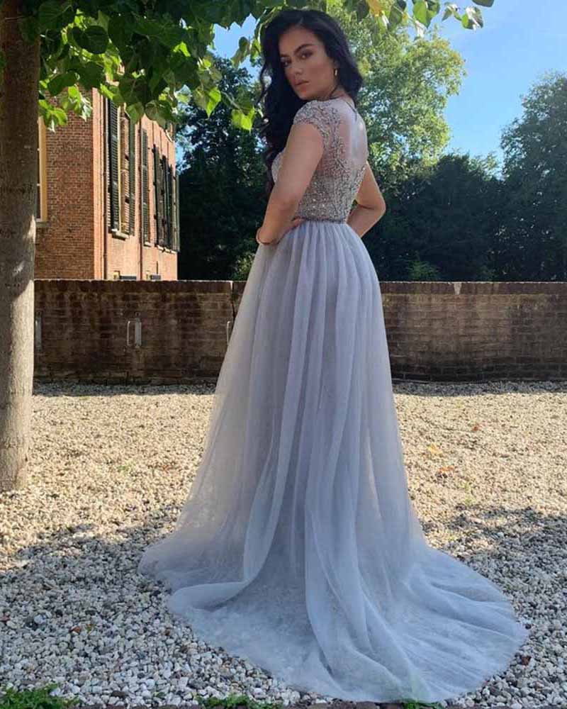 In Stock Fast Shipping Silver Gray Heavy Beading Stones Senior Prom Evening Dress Girls Pageant Gown PL4152