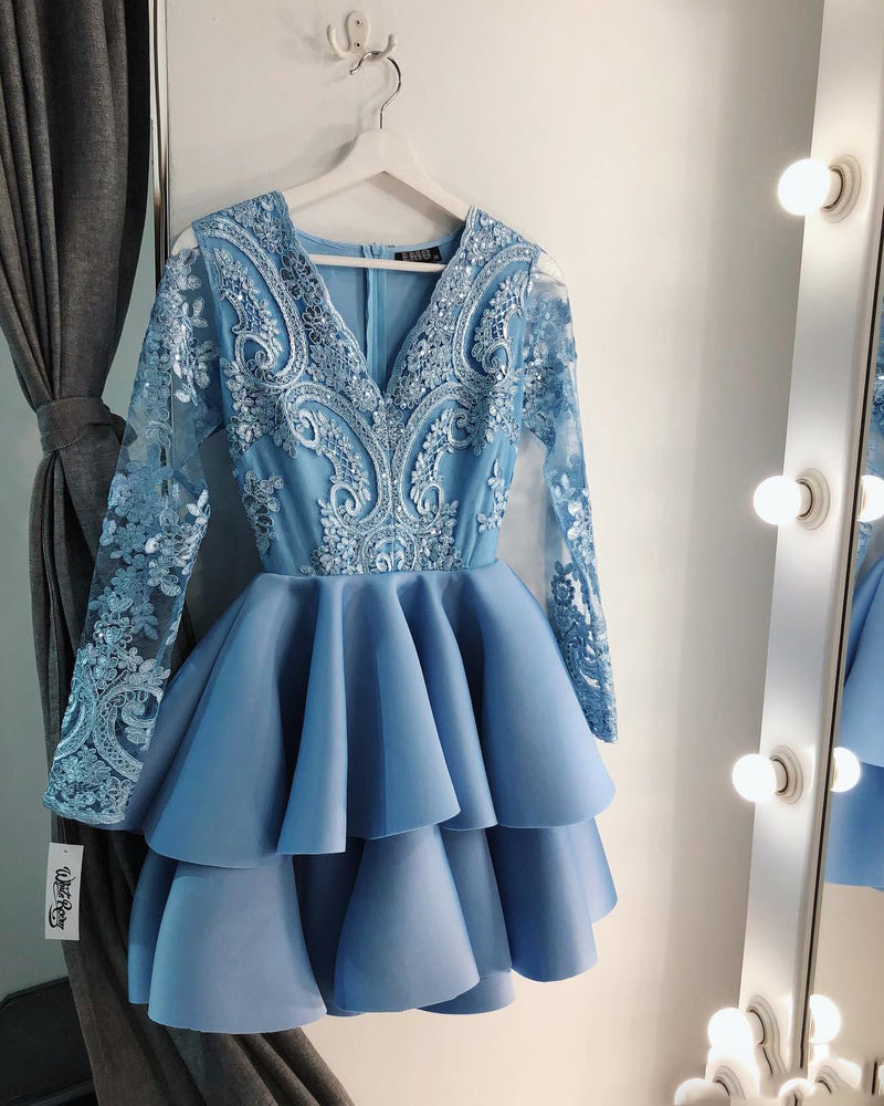 Satin V Neck Long Sleeves Blue Short Prom Dress Girls Short Homecoming Gown SP0816