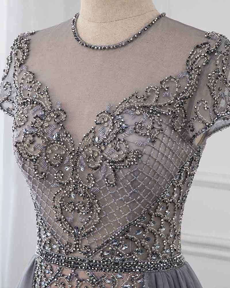 PL4441 Stunning Gray Beaded Stones Cap Sleeve Long Prom Evening Gown  Formal outfit