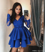 Satin V Neck Long Sleeves Blue Short Prom Dress Girls Short Homecoming Gown SP0816