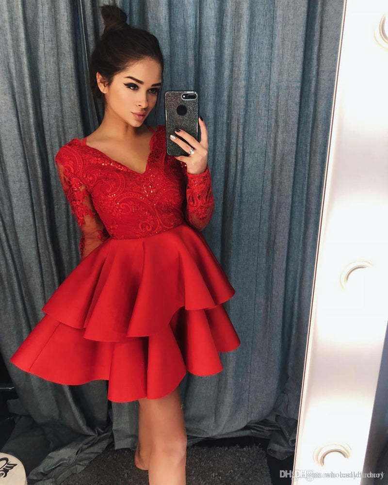 Satin V Neck Long Sleeves Blue Short Prom Dress Girls Short Homecoming Gown SP0816