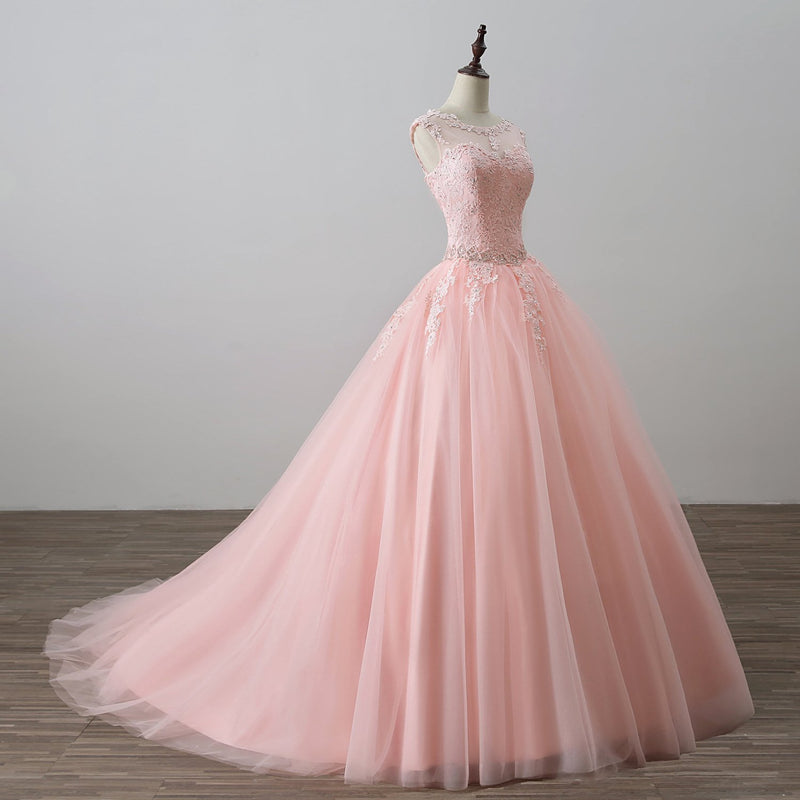 Blush Pink Ball Gown Prom Dresses Lace Girls Sweet 16 Quinceanera Dresses Debutante Gown