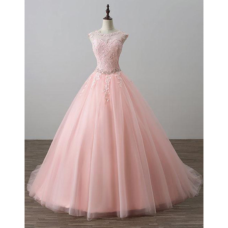 Blush Pink Ball Gown Prom Dresses Lace Girls Sweet 16 Quinceanera Dresses Debutante Gown