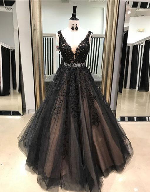 Fancy Dreamy Deep V Neck Black Lace Embroidered Prom Dresses Girls Gra ...