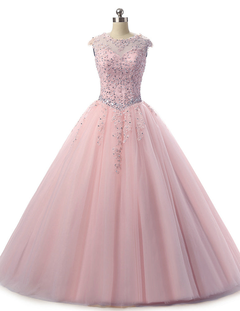 Pink Ball Gown Tulle and Lace Quinceanera Dress Girls Sweet 16 Dress Vestidos De 15 Ano  Floor Length PL0504